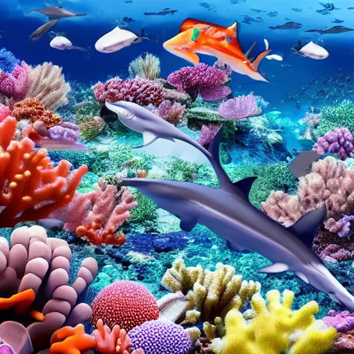 Prompt: beautiful hyper realistic coral reef full of sharks in 4 k