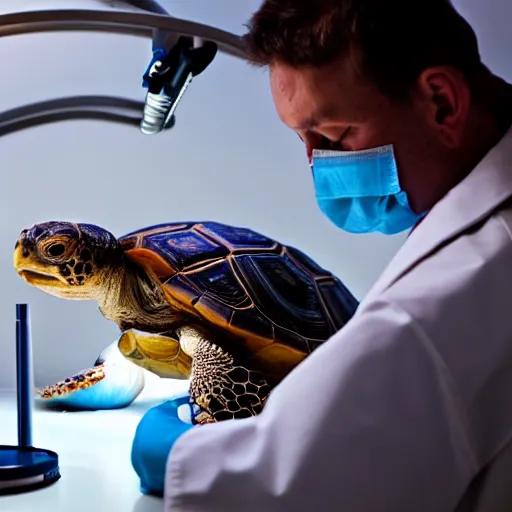 Image similar to doctor examining a tortoise under operating room lights, closeup wide angle