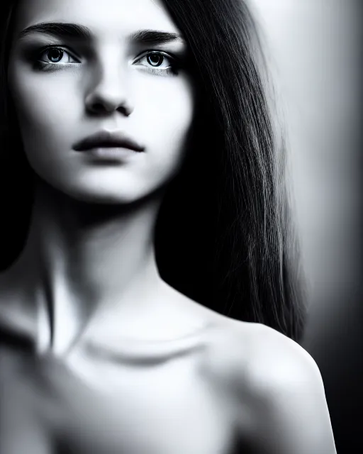 Image similar to black and white dreamy young beautiful female cyborg high quality portrait photo, microchip skin, artificial intelligence, cinematic, rim light, photo - realistic, elegant, high detail, 8 k, masterpiece, photo taken in 1 9 3 0