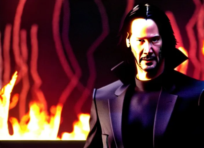 Prompt: A photo of Keanu Reeves as Neo in The Matrix movie doing a thumb up to the camera in front on burning servers, servers in flames in the background, doing a thumb up, The Matrix servers on fire, uncropped, full body, crispy, ultra detailed, cinematic