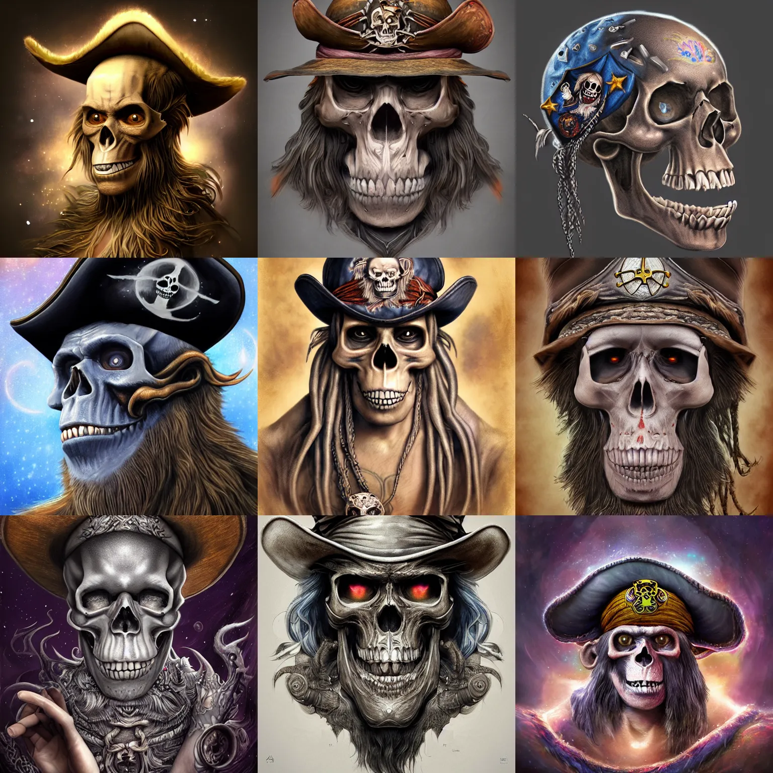 Prompt: a wlop 3 d render of very very very very highly detailed beautiful mystic portrait of a young skull ape pirate in a hat with whirling galaxy around, tattoos by anton pieck, intricate, extremely detailed, digital painting, artstation, concept art, smooth, sharp focus, illustration, intimidating lighting, incredible art,