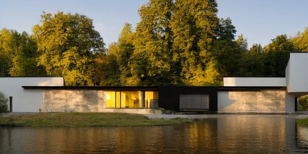 Prompt: a house by the river rhein close to mumpf designed by peter zumthor, beautiful ambient light, golden hour