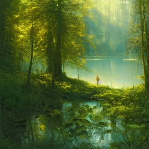 Image similar to A highly detailed oil painting of a secret lake of pure gold in the middle of a very dense green forest, by Greg Rutkowski.