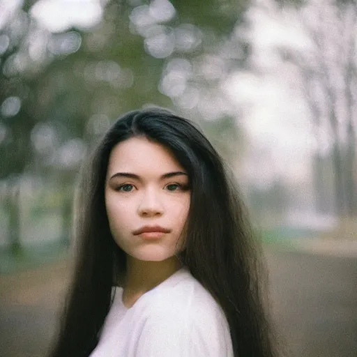 Image similar to a portrait photography of a woman with long hair. agfa vista 4 0 0 film. detailed. depth of field. cinematic. lens flare. grainy film. warm light.