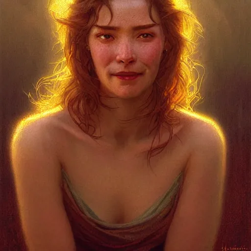 Image similar to Facial portrait of a cute shy woman, looking away from the camera, naughty smile, mouth slightly open, lips slightly parted, long flowing hair, no hands visible, intricate, extremely detailed painting by Henry Justice Ford and by Greg Rutkowski and by Moebius, golden hour