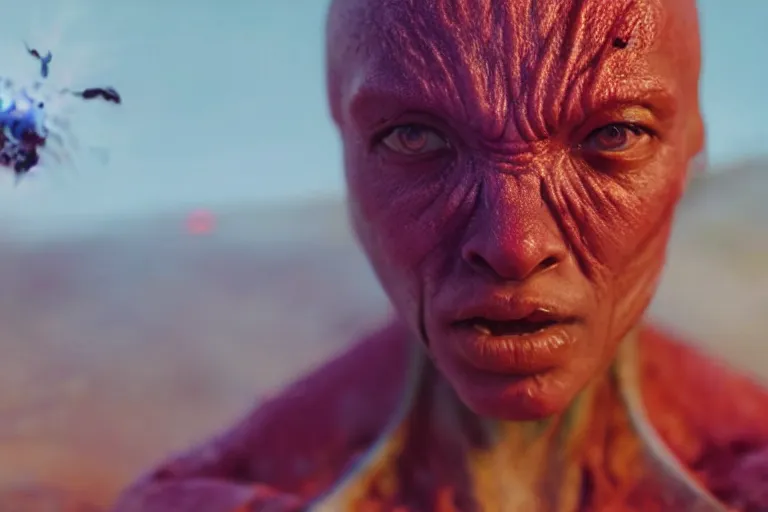 Image similar to VFX movie of a futuristic alien warrior closeup portrait in war zone, beautiful colorful skin and gills natural lighting by Emmanuel Lubezki