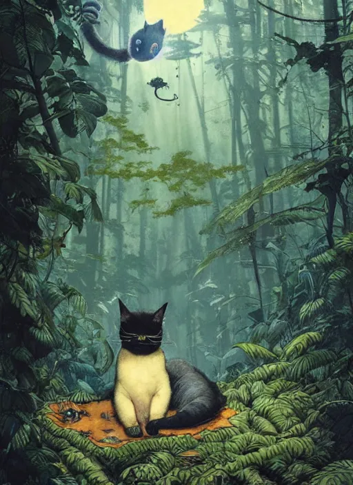 Image similar to a hyper realistic ink cat alien technology and sunbeams blue sky, lush forest foliage painting by chiara bautista and norman rockwell and greg rutkowski weta studio, and lucasfilm