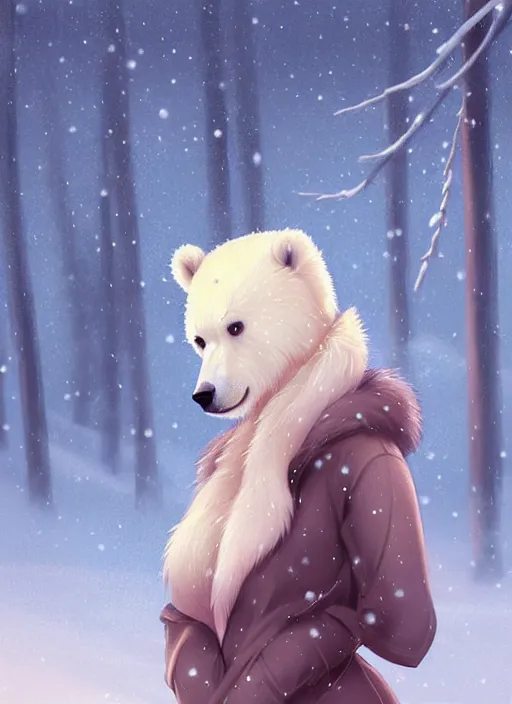 Image similar to award winning beautiful portrait commission art of a female furry anthro polar bear fursona with a cute beautiful attractive detailed furry face wearing cute stylish winter clothes at a comfy winter cabin at dusk by firelight. Character design by charlie bowater, ross tran, artgerm, and makoto shinkai, detailed, inked, western comic book art