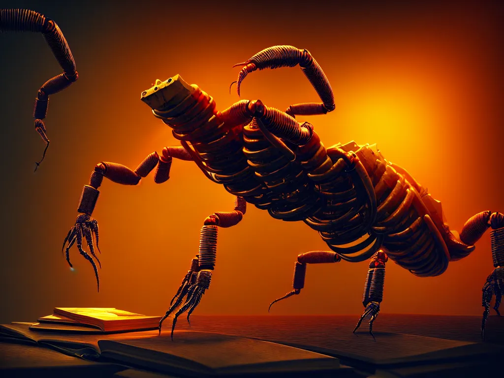 Image similar to A frightening gigantic evil robot scorpion devouring books with pipes and tubes and wires, hyperealistic very colourful hdr cinematic lighting cgi render photorealistic cinematic octane render