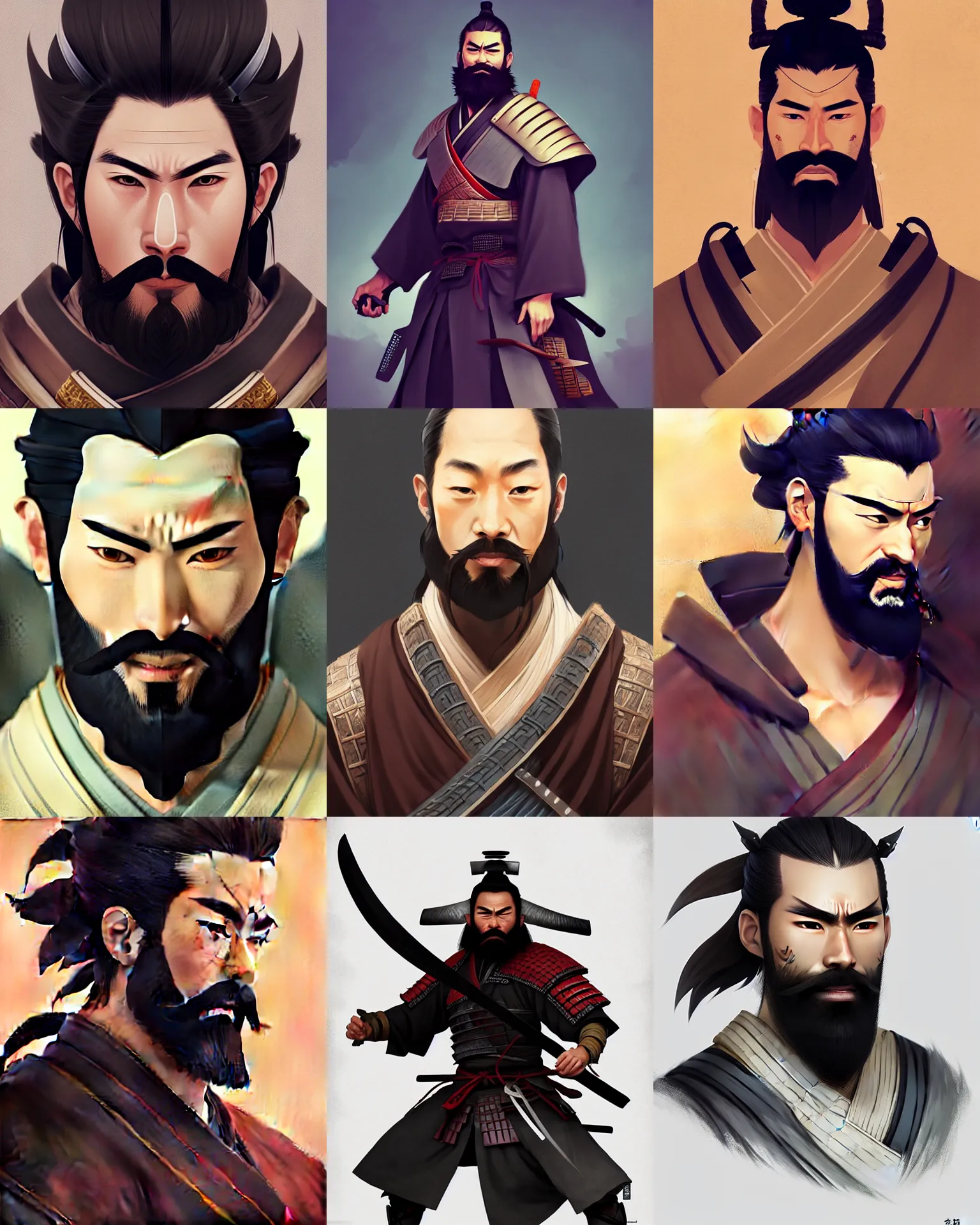 Prompt: character concept art of a male samurai with beard | | distinct - fine, key visual, realistic shaded perfect face, fine details by stanley artgerm lau, wlop, rossdraws, james jean, andrei riabovitchev, marc simonetti, sakimichan, and jakub rebelka, trending on artstation