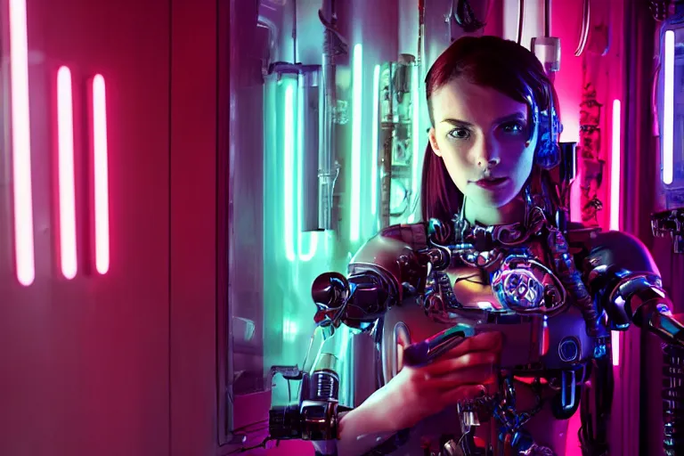 Prompt: cinematography closeup portrait of a cyborg woman in a cyberpunk apartment, neon lighting, night, by Emmanuel Lubezki