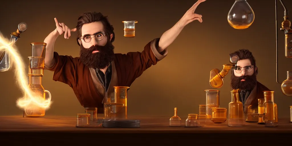 Prompt: a handsome bearded caucasian male sorcerer with brown hair he is casting a spell with flowing energy, he is in a alchemist lab filled with beakers and equipment, neutral pose, epic composition, 4 k, light rays, by dave melvin 1. 0 | dan luvisi 1. 0 | jason chan 2. 5