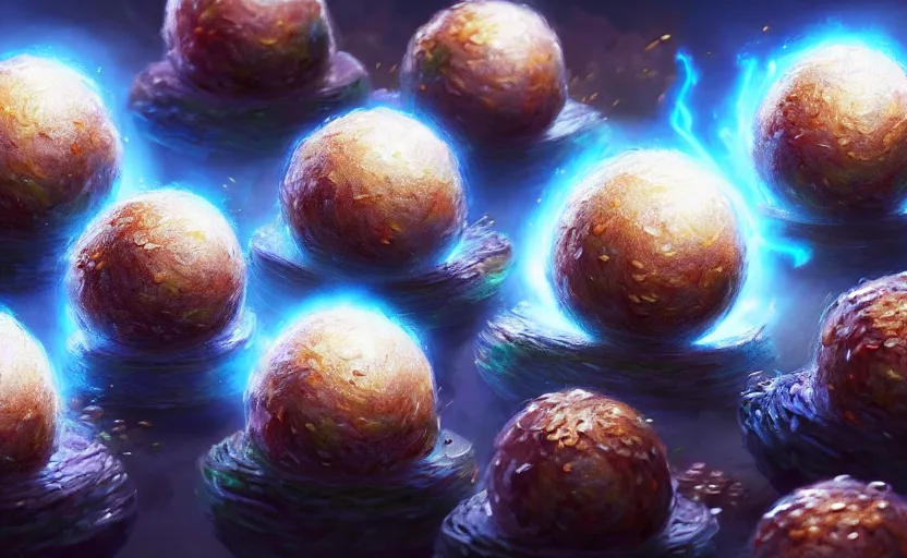 Prompt: magic : the gathering fantasy concept art of excited riceballs with excited expressions bouncing down a mountain path, by marco bucci, high resolution, the riceballs are bouncing up and down, rice granules scattered all around, balls of rice, bouncing, fantasy coloring, intricate, digital painting, artstation, smooth, sharp focus