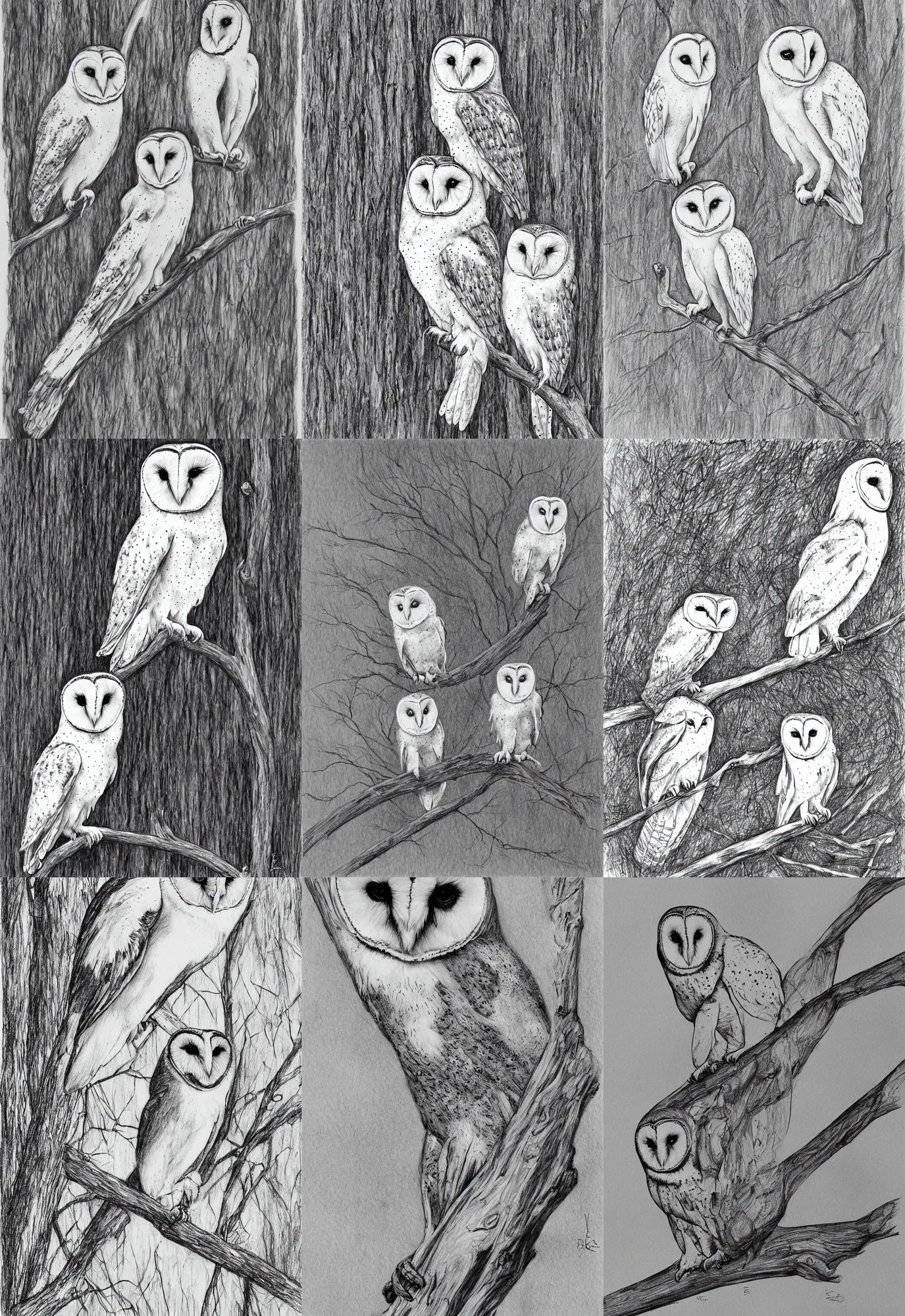 Prompt: realistic line drawing of one barn owl standing on a branch, by Roberta Ekman, black and white, pen & ink drawing, concept art