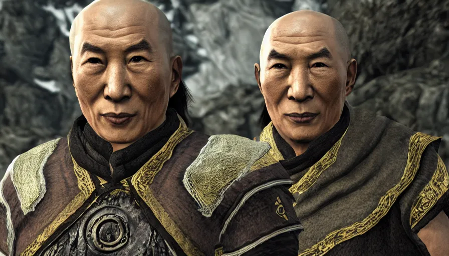 Image similar to skyrim character screenshot of the dalai lama, enb, 4 k, bokeh, beautiful, detailed