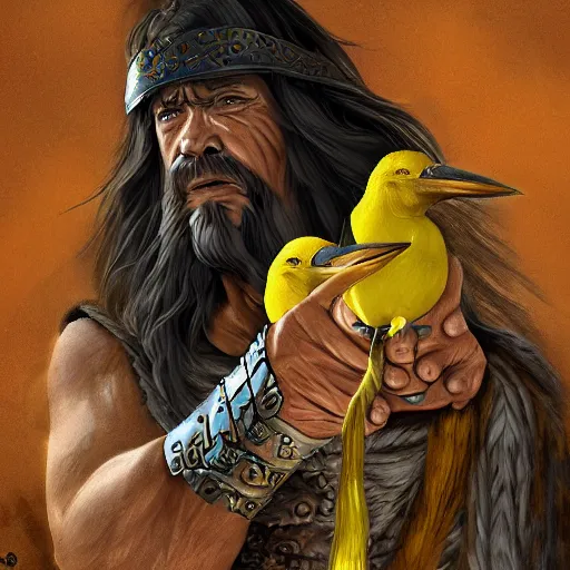 Prompt: an old man with 7 yellow birds, epic fantasy, conan the barbarian, high detail, digital art