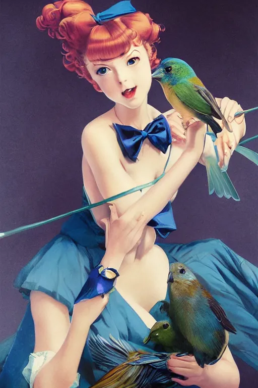 Image similar to anime pinup girl holding an indigo bunting, bird, the bird is wearing a bowtie, by greg rutkowski, rossdraws, gil elvgren, enoch bolles, anime, porcelain skin, very coherent