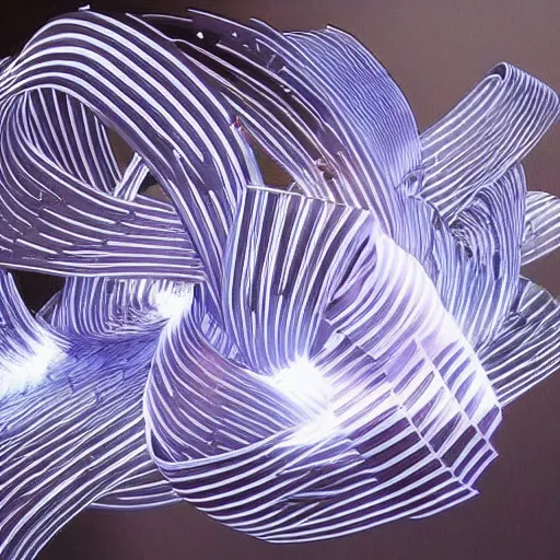 Image similar to a hyper real ultra detailed intricate concept art of interlaced ribbons of light spiralling up into the sky, made out of paper, paper craft, handmade