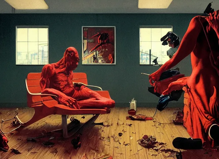 Prompt: a still from the film videodrome by francis bacon, norman rockwell and james jean, greg hildebrandt, and mark brooks, triadic color scheme, by greg rutkowski, in the style of francis bacon and syd mead and edward hopper and norman rockwell and beksinski, dark surrealism, open ceiling