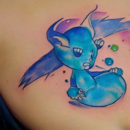 Image similar to tattoo design of a cute blue will of the wisp character. watercolor