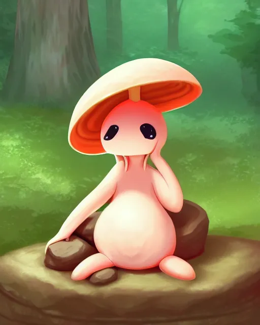 Image similar to digital illustration of a cute mushroom creature, thicc, sitting on a rock in a forest, | | epic - fine - clean, polished, trending on artstation, anime style, brush strokes