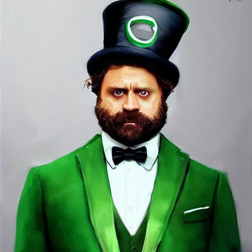 Image similar to hyper realistic portrait painting, beautifully rendered, zach galifianakis as dapper fancy luigi wearing a green top hat, green suit and bowtie, smirking deviously, painted by greg rutkowski, wlop, artgerm, dishonored 2