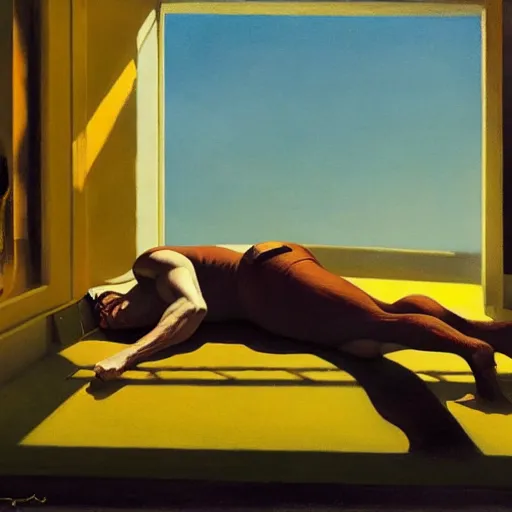 Image similar to a man melting into a puddle of liquid, pj crook, syd mead, livia prima, greg rutkowski, edward hopper