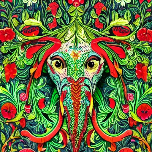 Image similar to colourful ornate decorative green man as an elephant face by louis wain and william morris, closeup, twisting leaves, 8 k, artstation