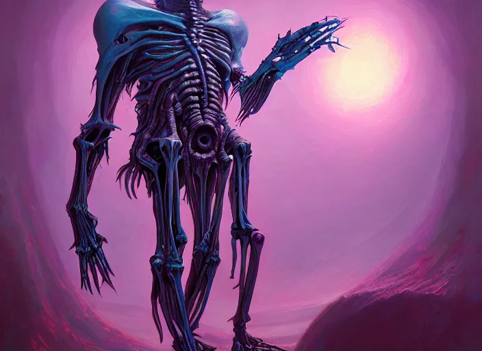 Prompt: a psychedelic portrait of omin dran skeletal phyrexian mind flayer psion, vibrant color scheme, highly detailed, in the style of romanticism, cinematic, artstation, moebius, greg rutkowski