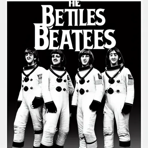 Image similar to the beatles as astronauts, black and white photo, high quality, epic, cinematic, heroes