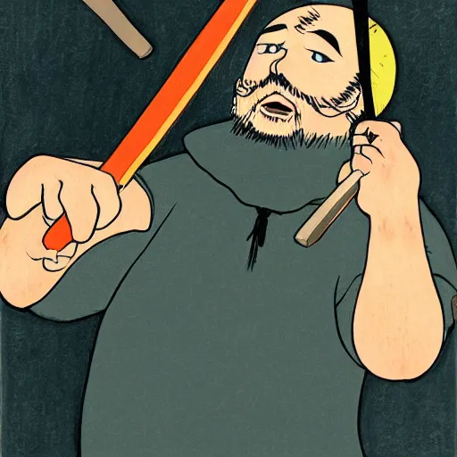 Prompt: portrait of a drunken man wielding an axe by hayao miyazaki