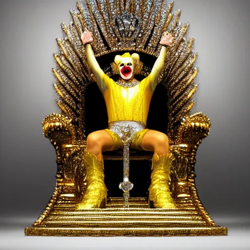 Prompt: shining majestic throne made of millions of diamonds, gold and zaphires with thousands of light reflections, and a clown is sitting on the throne