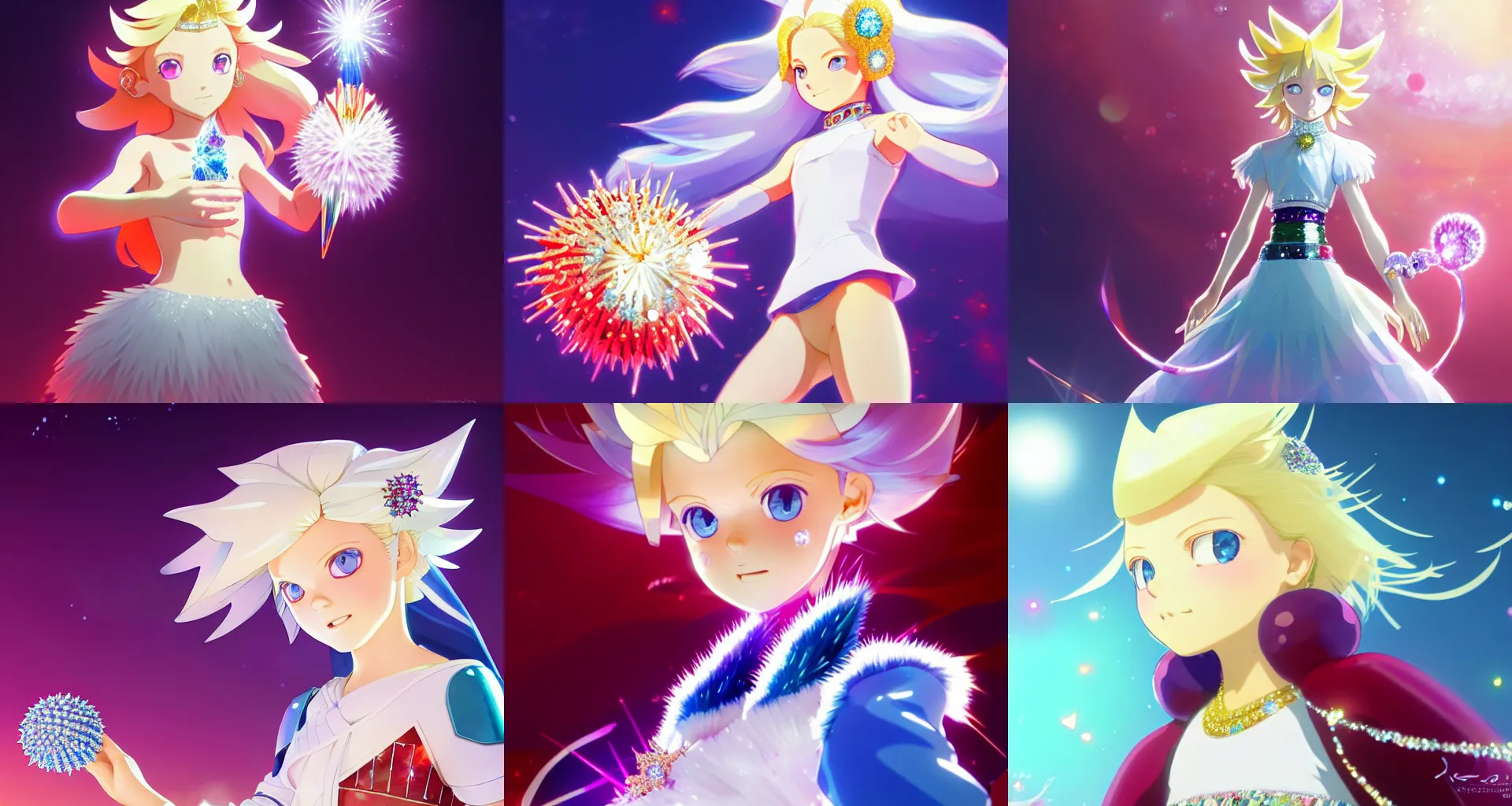 Prompt: young female urchin carrying colorful diamonds and sharp crystals, long blonde hair and blue eyes, white puffy outfit, detailed perfect face, exquisite details, mid view, design on a dark crimson background, by studio muti, greg rutkowski makoto shinkai takashi takeuchi studio ghibli, chaos emeralds