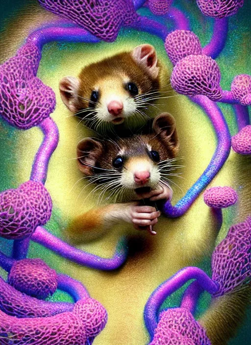 Prompt: hyper detailed 3d render like a Oil painting - kawaii portrait Aurora (blonde calico Sable Ferret) seen Eating of the Strangling network of yellowcake aerochrome and milky Fruit and Her delicate Hands hold of gossamer polyp blossoms bring iridescent fungal flowers whose spores black the foolish stars by Jacek Yerka, Mariusz Lewandowski, Houdini algorithmic generative render, Abstract brush strokes, Masterpiece, Edward Hopper and James Gilleard, Zdzislaw Beksinski, Mark Ryden, Wolfgang Lettl, hints of Yayoi Kasuma, octane render, 8k