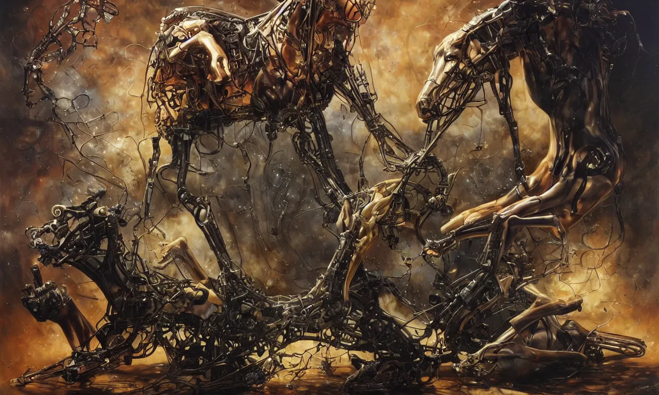 Prompt: An Extraterrestrial performs surgery on a horse . The horse is alive, but her legs and back are gone. Her nose was broken and her eyes were empty. By Karol Bak, Greg Hildebrandt, and Mark Brooks, intricate, rich deep colors. part by Adrian Ghenie and Gerhard Richter
