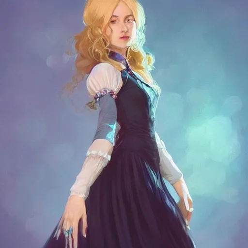 Prompt: a victorian woman with nails like claws, young woman, blue dress, white sleeves, golden - blonde hair, indignant, character art, full body art, dungeons and dragons, d & d, trending on artstation, artgerm, 4 k ultra hd, sharp focus, digital art by ilya kuvshinov and ross tran
