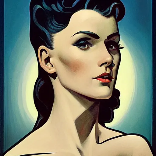 Image similar to a streamline moderne painting in the style of mort kunstler, and in the style of charlie bowater, and in the style of alphonse mucha. symmetry, smooth, sharp focus, semi - realism, intricate detail.