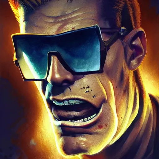 Prompt: Duke Nukem 3D, square jaw-line, 'groovy', cigar, intricate, cinematic lighting, highly detailed, digital painting, concept art, smooth, sharp focus, illustration, art by Artgerm and Greg Rutkowski, Cgsociety