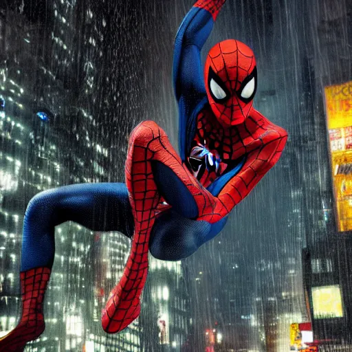 Prompt: Spider-Man web-swinging through a cyberpunk city in the rain, hyperrealistic oil painting, 4k, studio lighting