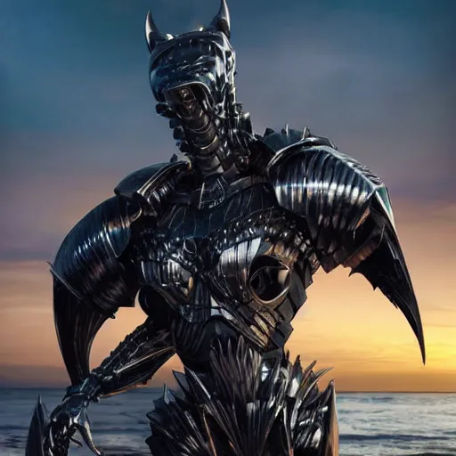 Prompt: chest up shot, realistic detailed stunning beautiful armored humanoid robot anthropomorphic female dragon, looking to the side with an elegant pose of hand on hip, smooth and streamlined armor and design made of steel, sharp claws and sharp teeth, high quality head, Slick LEDs, on the beach during sunset, high quality, cinematic art, sci fi, sunset lighting, 3D render, 8k, artstation, deviantart, furaffinity