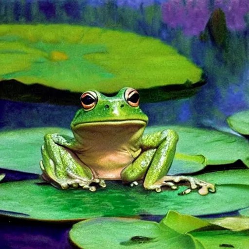 Prompt: !!! sticker!!! close - up of a frog in the water lilies, highly detailed, digital art, matte painting, sharp focus, matte painting, by isaac levitan, monet, asher brown durand,