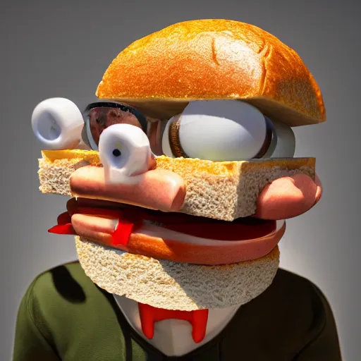 Image similar to An anthropomorphic sandwich eating man, trending on artstation, artstationHD, artstationHQ, artstation photorealism, photorealistic photography, 4k, 8k