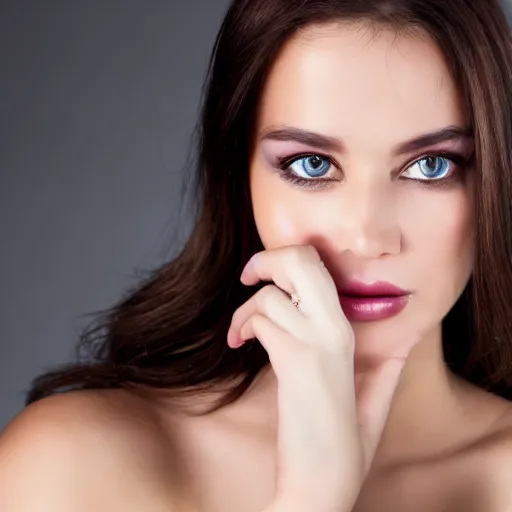 Prompt: close - up of brunette model holding up hand highlighting large diamond ring, studio lighting, studio photography, high resolution, perfect face, sharp focus, ring light, dslr