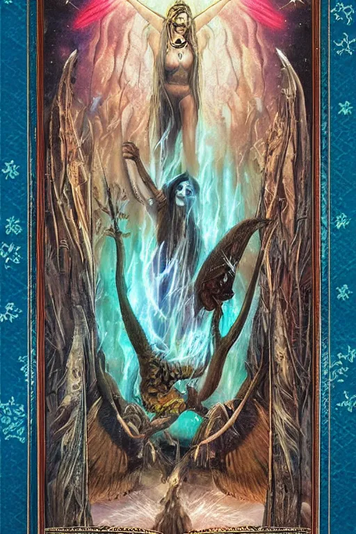 Prompt: beautiful shamanic tarot card frame, matte painting, fantasy art
