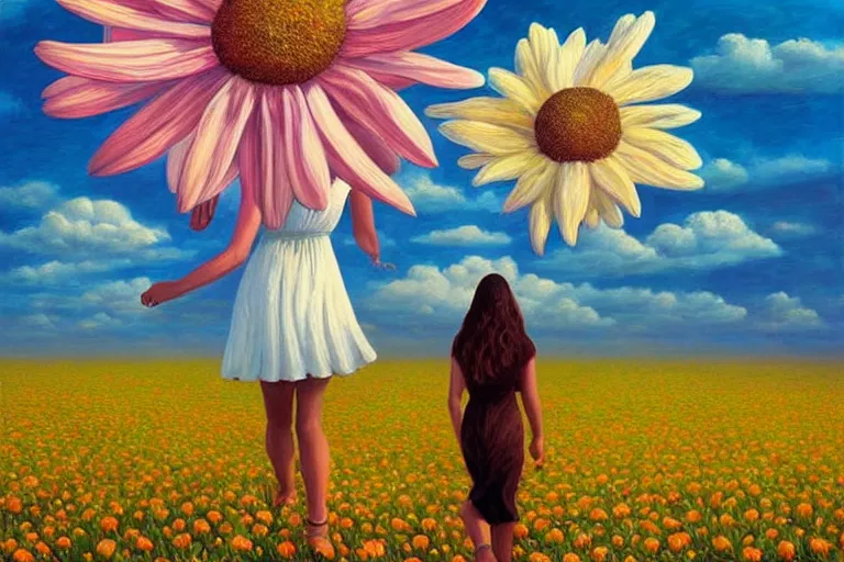 Image similar to giant daisy flower head, woman walking, surreal, clouds in sky, impressionist painting, digital painting, artstation, rob gonsalves