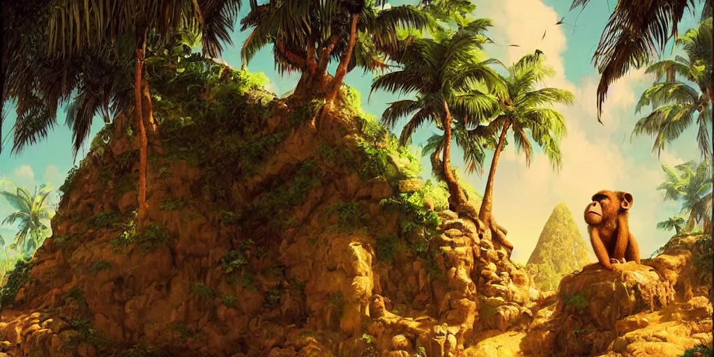 Image similar to ”a huge primitive monkey’s head catved out of stone with a mouth as an entrance to a cave inside, [caribbean, jungle, palm trees, beach, wide angle, side view, cinematic, monkey island, art by wlop and paul lehr]”