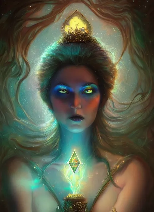 Image similar to tarot!!, pale, beautiful witch made of starlight and opals, jeweled choker, vivid colors, elegant, concept art, sharp focus, beautiful face!!, digital art, Hyper-realistic, 4K, Unreal Engine, Highly Detailed, Dramatic Lighting, Beautiful, by Brom, trending on Artstation, Tom Bagshaw, Sargent