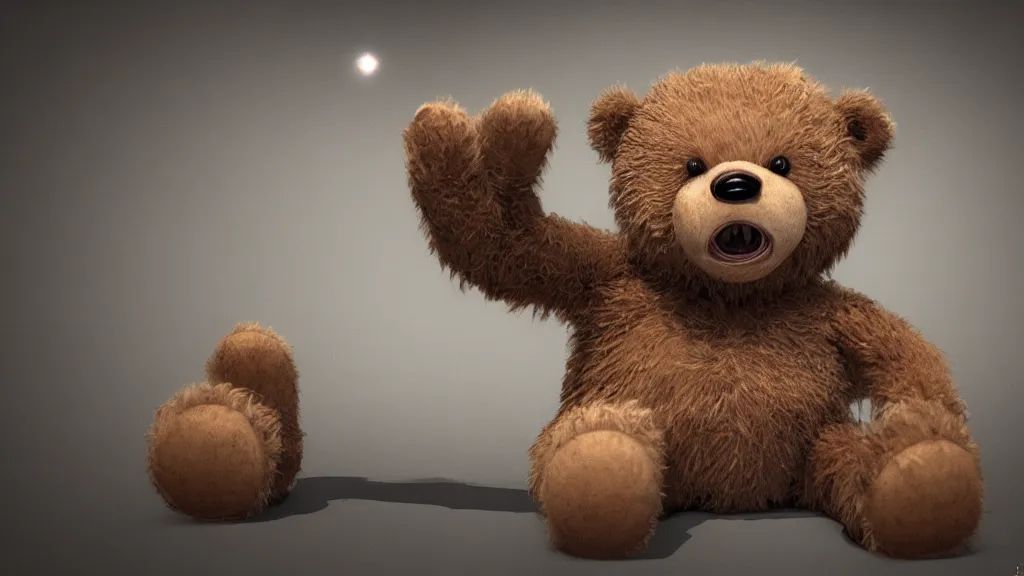 Prompt: a cute teddy bear, Hyper realistic, photorealistic, concept art, horror, eldritch, 8K, concept art, DSLR, filmic, HDR, hyperrealism, Unreal Engine, volumetric lighting, Darkart