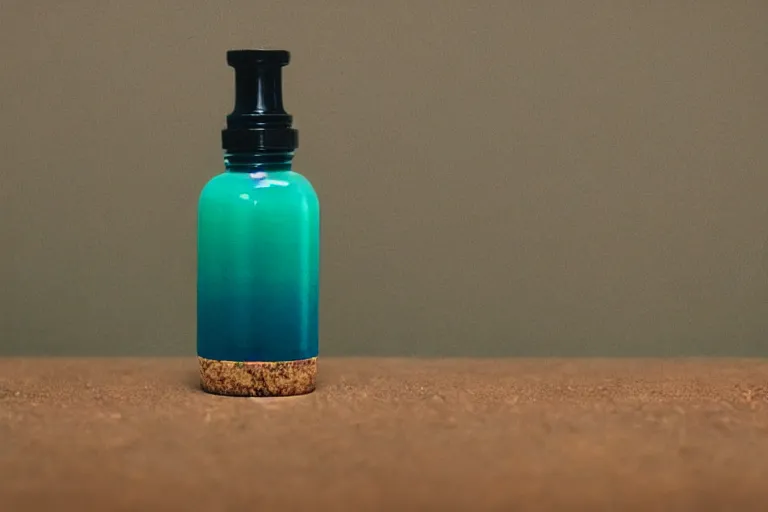 Image similar to small potion with a cork top filled with a green and turquoise gradient liquid, on a desk, old film photo