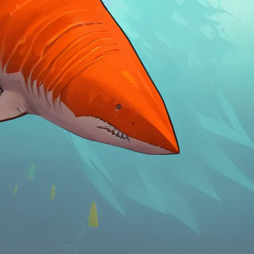 Prompt: great white shark with a conical orange traffic cone orange traffic cone orange traffic cone for a dorsal fin - ron cheng & alphonse mucha, highly detailed, digital painting, ray tracing, concept art, illustration, smooth sharp focus, intricate, symmetry, artstation,